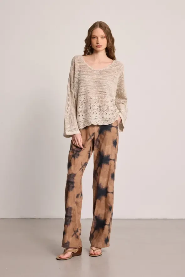 V-Neck Ajour Cotton Knit Blouse - Beige - 2