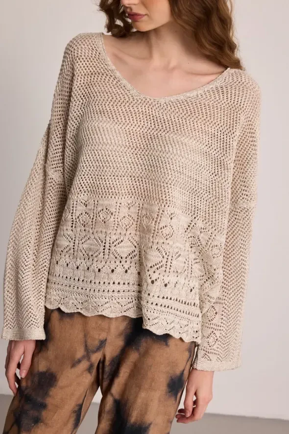 V-Neck Ajour Cotton Knit Blouse - Beige - 3