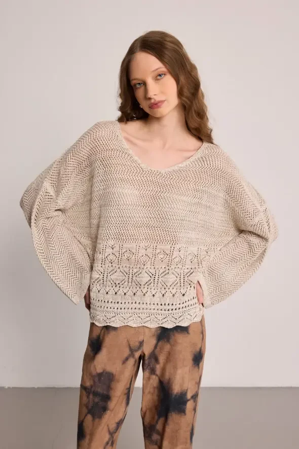 V-Neck Ajour Cotton Knit Blouse - Beige - 1