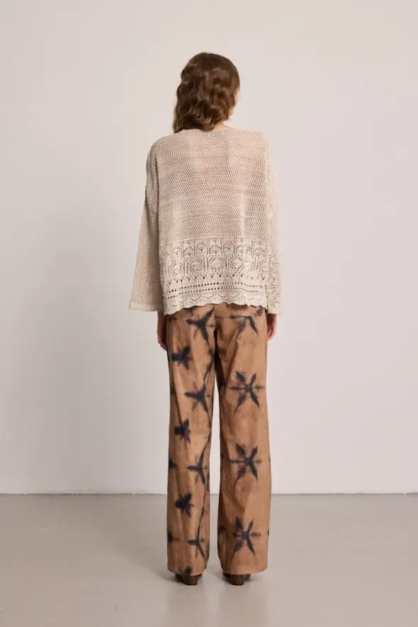 V-Neck Ajour Cotton Knit Blouse - Beige - 4