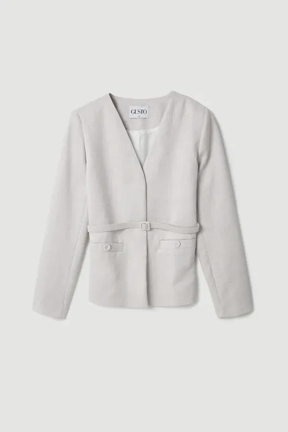 V-Neck Belted Jacket - Gray - 6