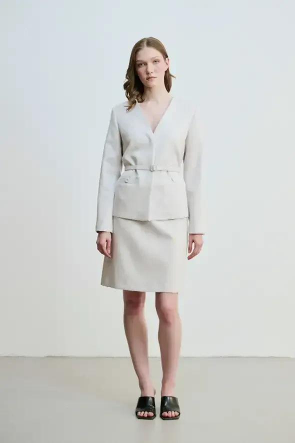 V-Neck Belted Jacket - Gray - 2