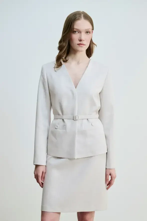 V-Neck Belted Jacket - Gray - 1