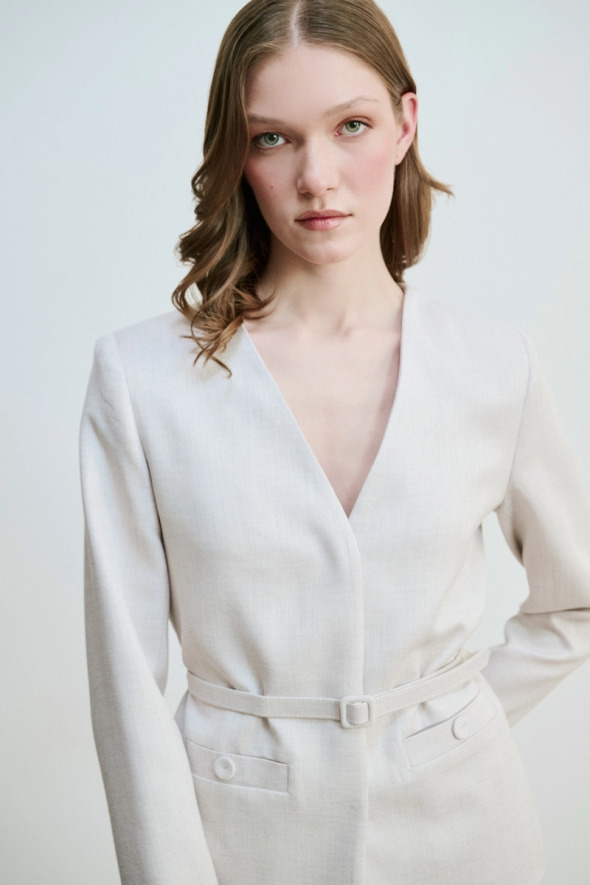 V-Neck Belted Jacket - Gray - 4