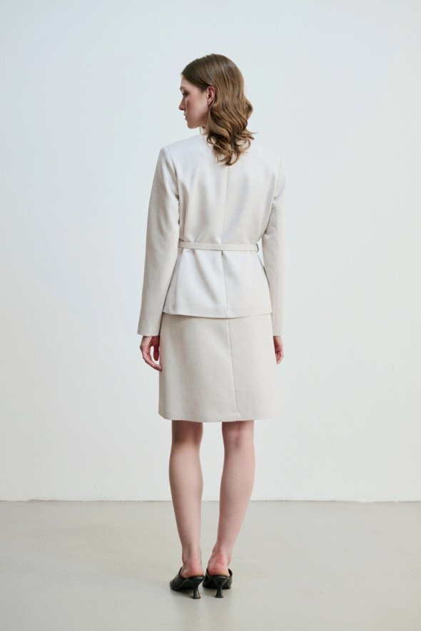 V-Neck Belted Jacket - Gray - 5