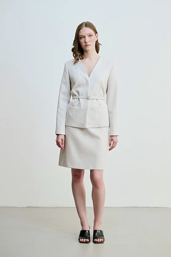V-Neck Belted Jacket - Grey - 1
