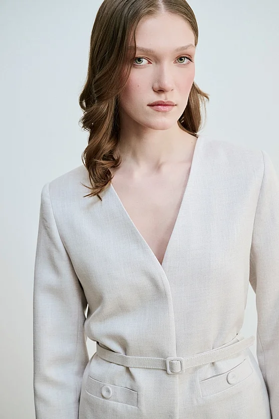 V-Neck Belted Jacket - Grey - 3
