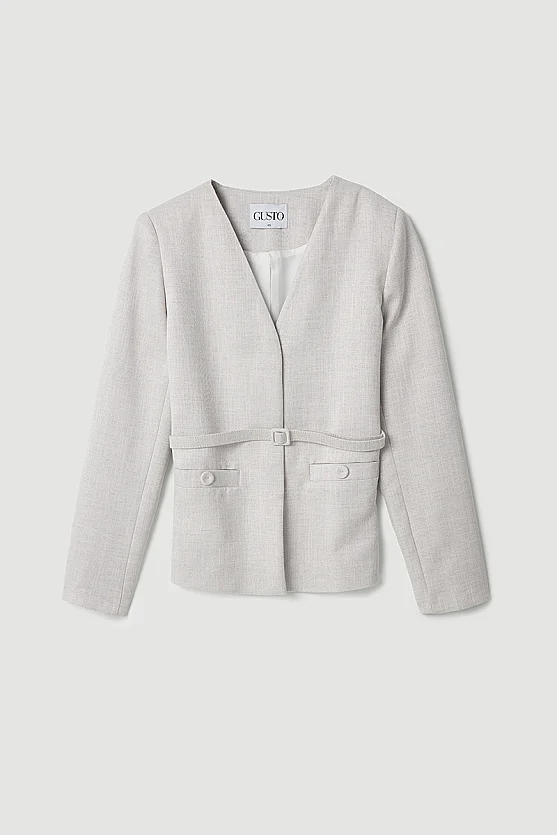 V-Neck Belted Jacket - Grey - 6