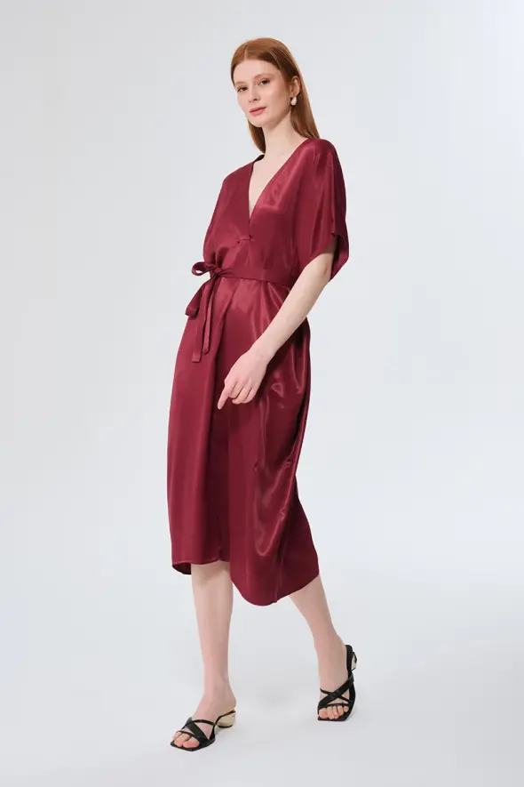 V-neck Belted Satin Dress - Cherry - 2