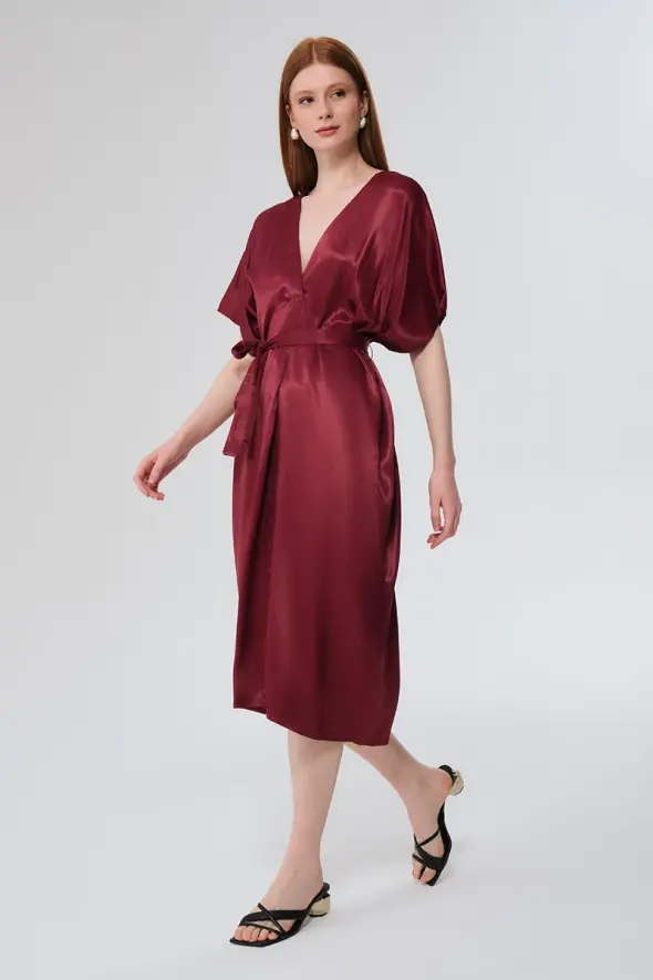 V-neck Belted Satin Dress - Cherry - 1