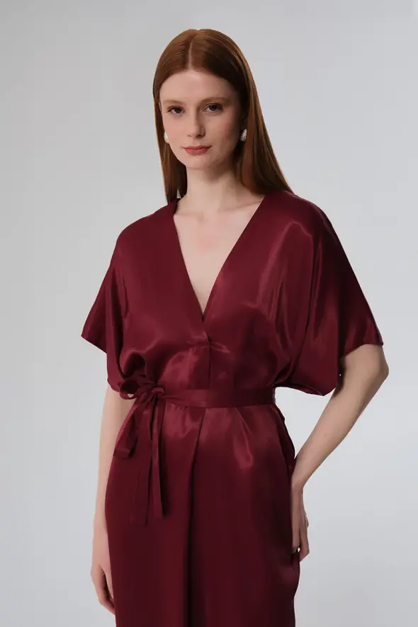 V-neck Belted Satin Dress - Cherry - 4
