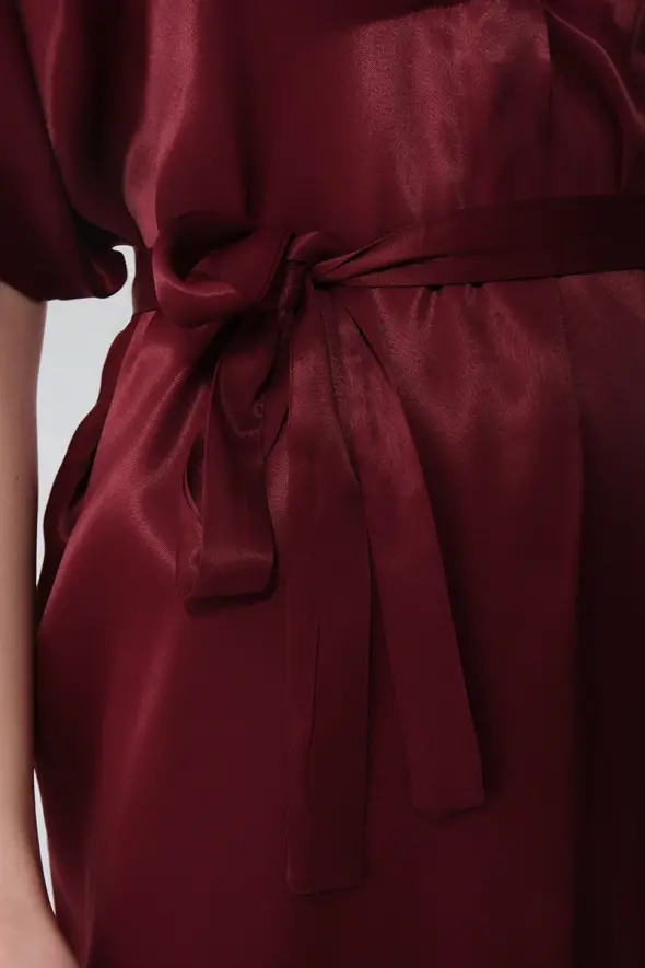 V-neck Belted Satin Dress - Cherry - 5