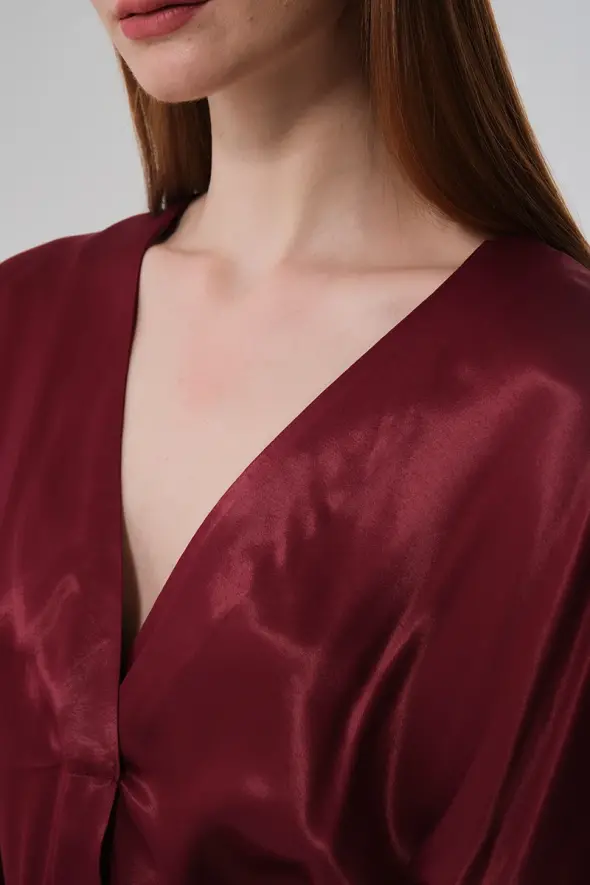 V-neck Belted Satin Dress - Cherry - 6