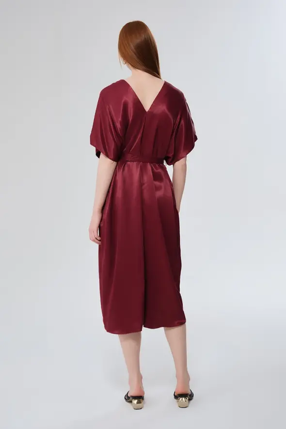 V-neck Belted Satin Dress - Cherry - 7