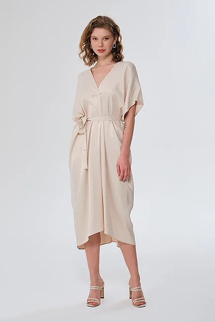 V-Neck Belted Satin Dress - Stone - Gusto
