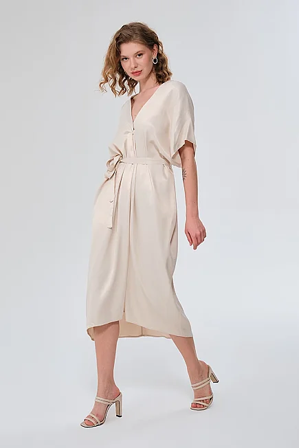 V-Neck Belted Satin Dress - Stone - Gusto