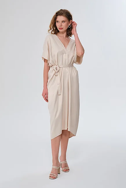 V-Neck Belted Satin Dress - Stone - Gusto
