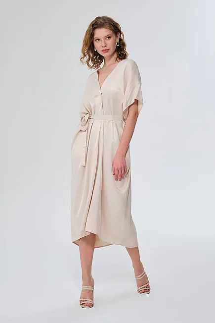 V-Neck Belted Satin Dress - Stone - Gusto