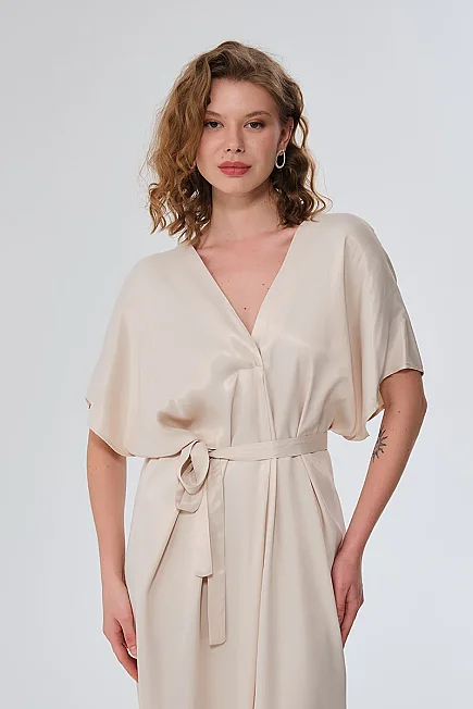 V-Neck Belted Satin Dress - Stone - Gusto