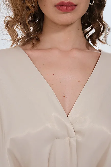 V-Neck Belted Satin Dress - Stone - Gusto