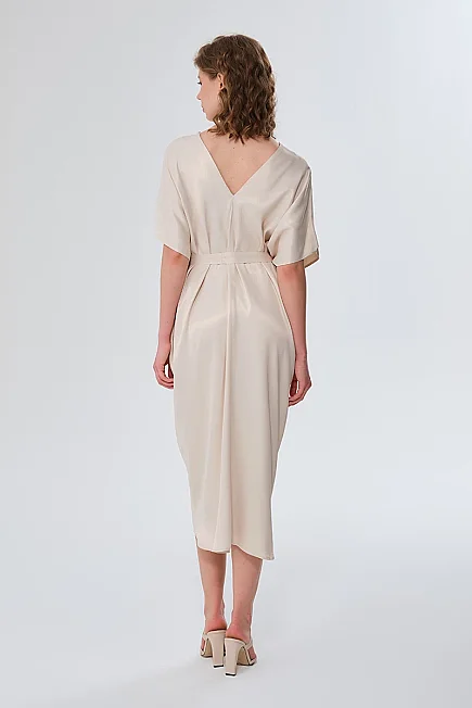 V-Neck Belted Satin Dress - Stone - Gusto