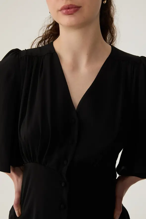 V Neck Blouse with Ruffled Sleeve - Black - 4