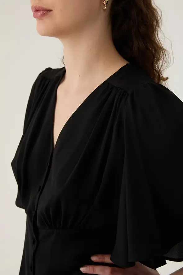 V Neck Blouse with Ruffled Sleeve - Black - 3