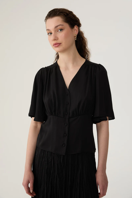 V Neck Blouse with Ruffled Sleeve - Black Black