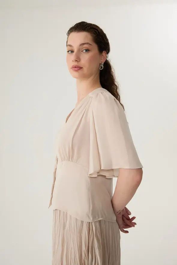 V Neck Blouse with Ruffled Sleeve - Stone - 3