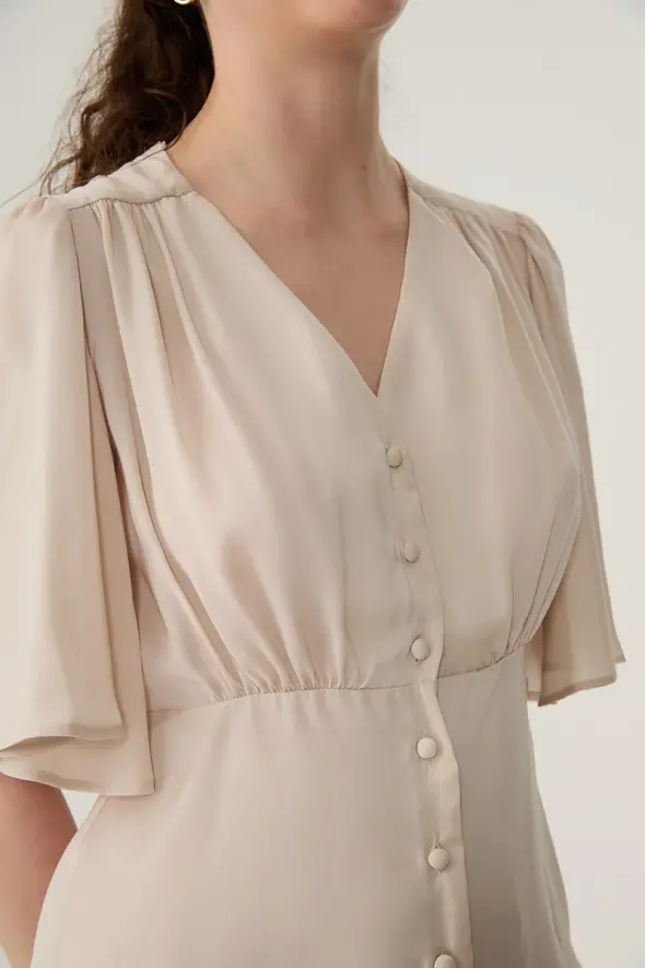 V Neck Blouse with Ruffled Sleeve - Stone - 5