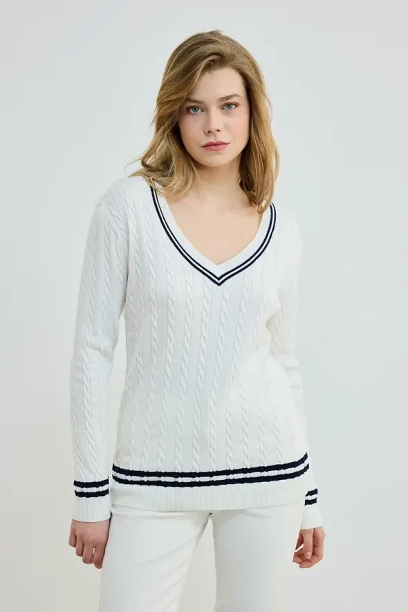V-Neck Braided Knit Blouse - Ecru - 1
