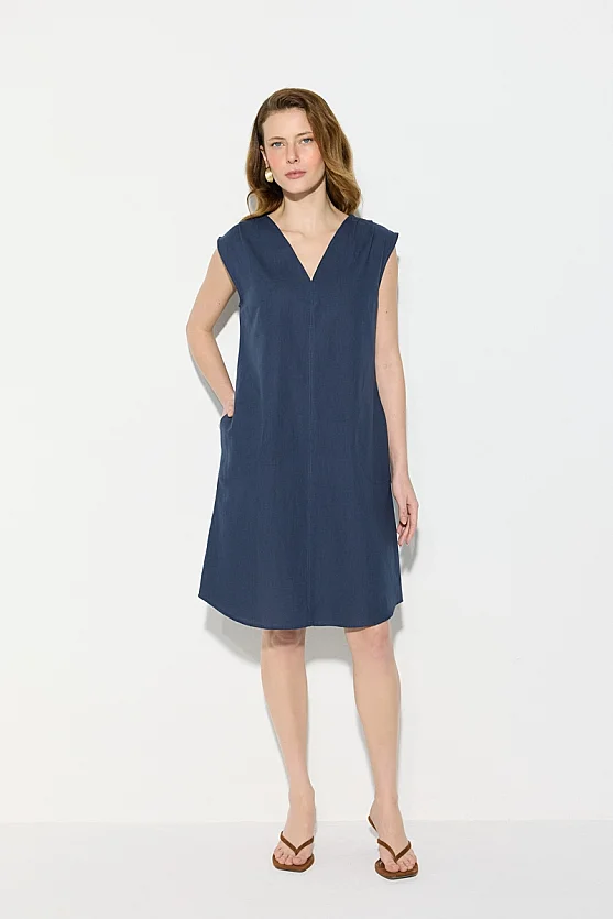 V-Neck Cotton Linen Dress - Navy Blue - Gusto