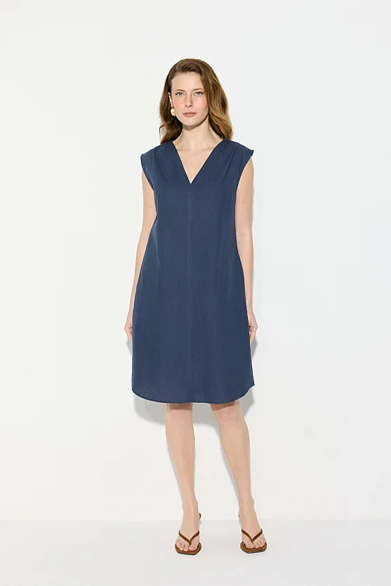 V-Neck Cotton Linen Dress - Navy Blue - Gusto