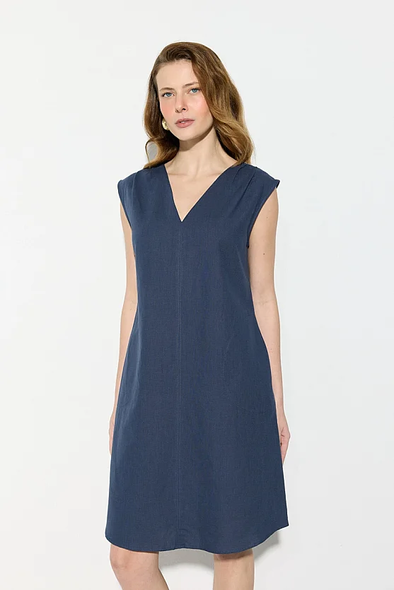 V-Neck Cotton Linen Dress - Navy Blue - Gusto
