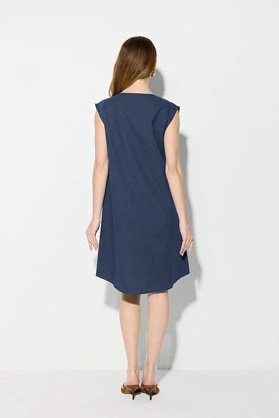 V-Neck Cotton Linen Dress - Navy Blue - Gusto