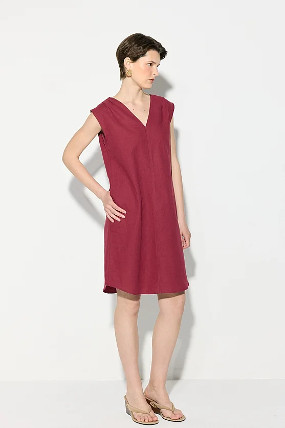 V-Neck Cotton Linen Dress - Plum - Gusto