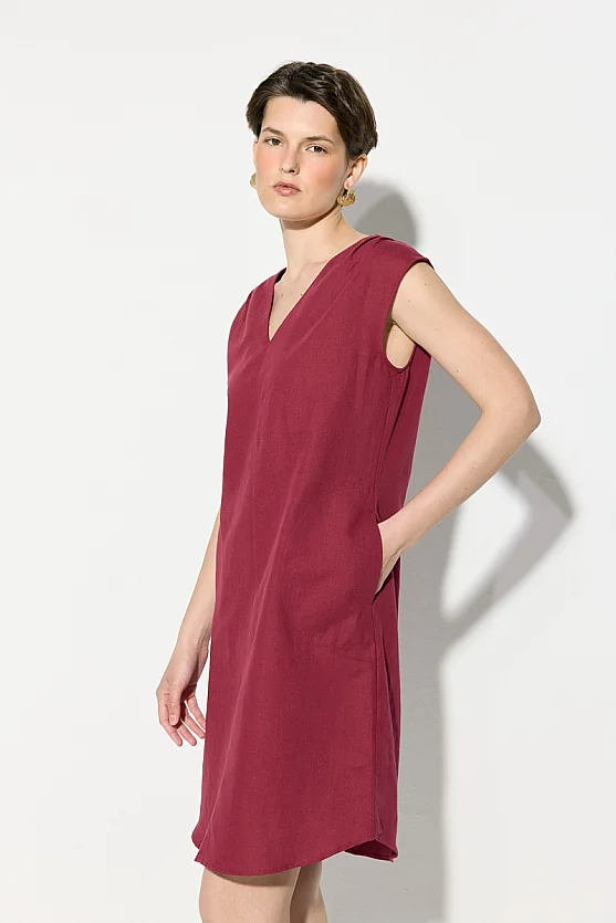 V-Neck Cotton Linen Dress - Plum - Gusto