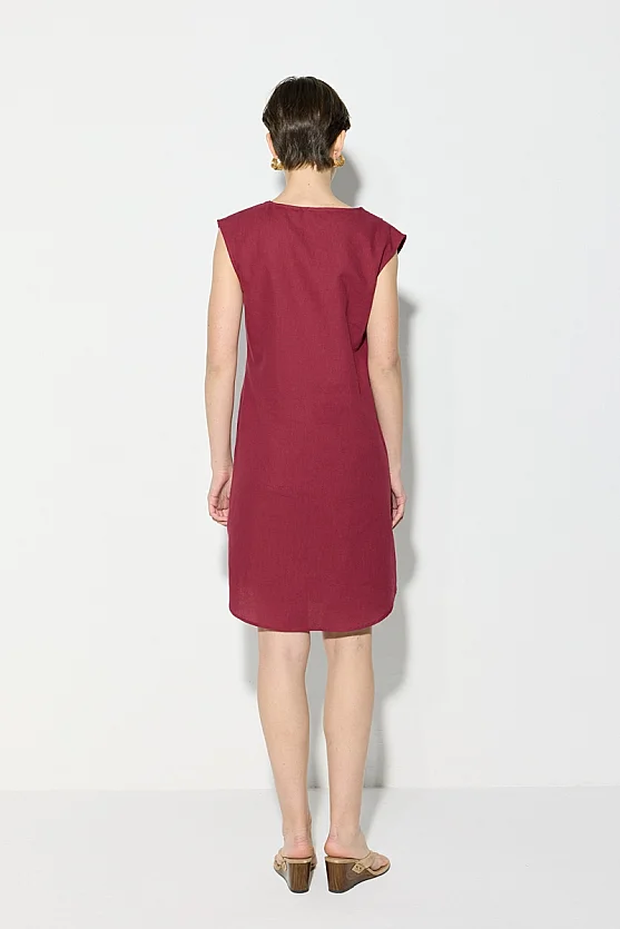 V-Neck Cotton Linen Dress - Plum - Gusto