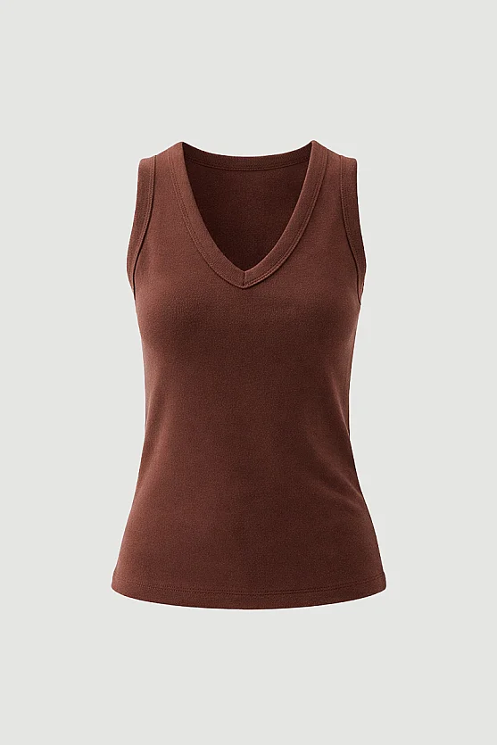V-Neck Cotton Tank Top - Brown - 7