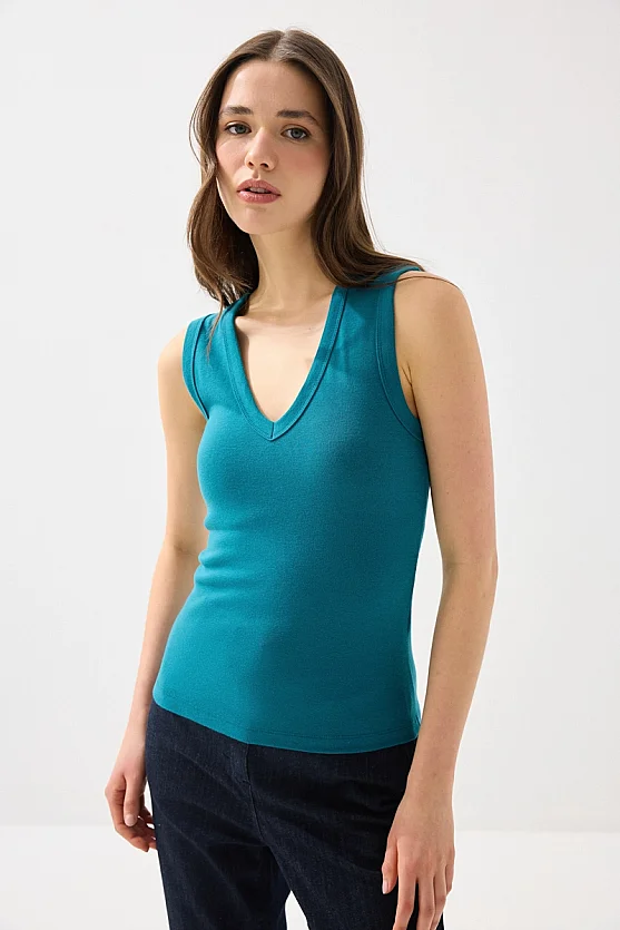 V-Neck Cotton Tank Top - Green - 1