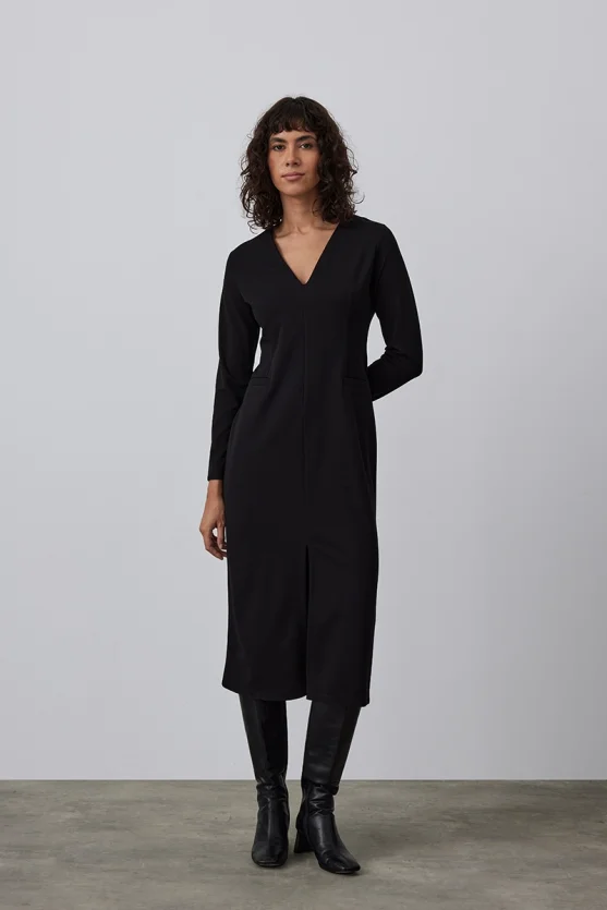 V-Neck Crepe Jersey Dress - Black - Gusto