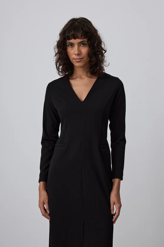 V-Neck Crepe Jersey Dress - Black - 3