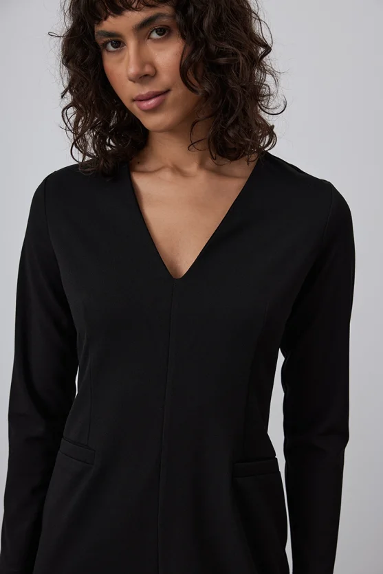 V-Neck Crepe Jersey Dress - Black - Gusto