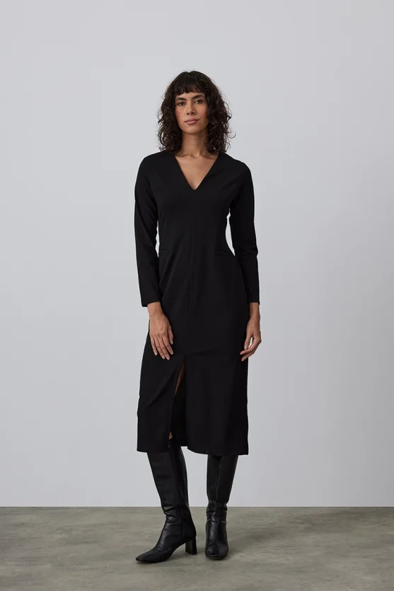 V-Neck Crepe Jersey Dress - Black - 2