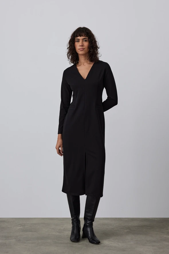 V Neck Crepe Jersey Dress - Black - 2