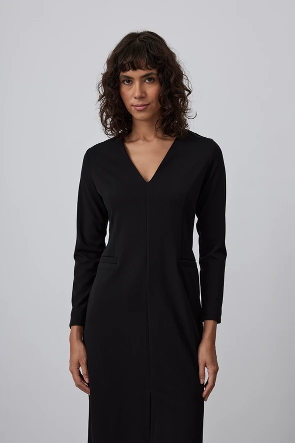 V Neck Crepe Jersey Dress - Black - 3