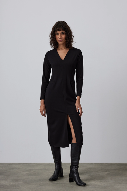 V Neck Crepe Jersey Dress - Black Black