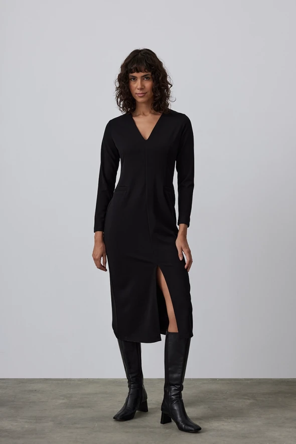 V Neck Crepe Jersey Dress - Black - 1