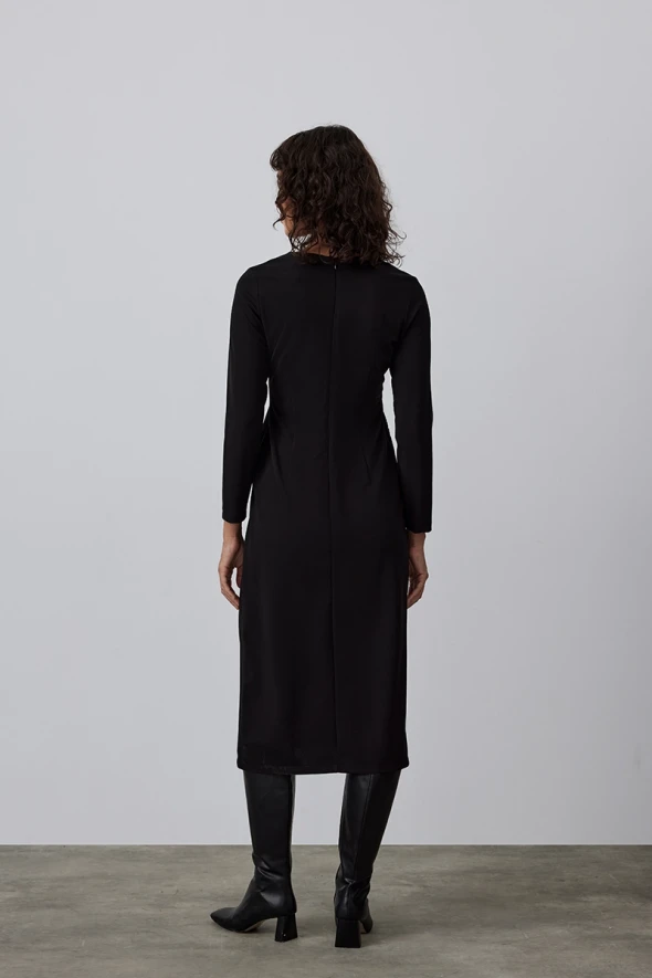 V Neck Crepe Jersey Dress - Black - 5