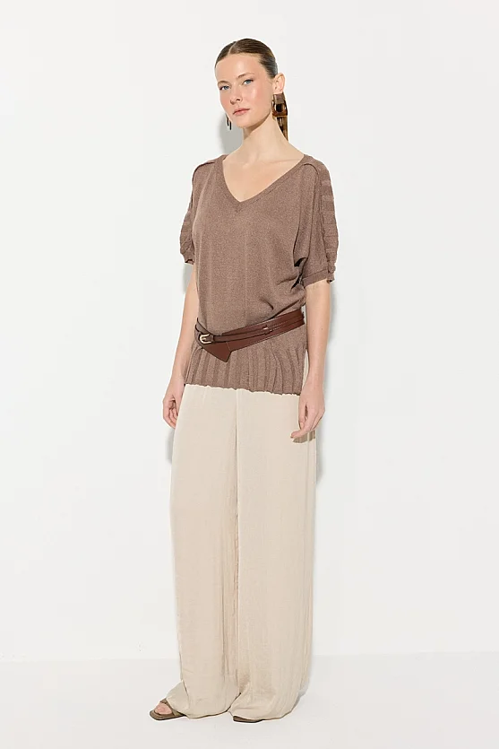 V-Neck Drop Sleeve Viscose Knit Blouse - Brown - Gusto
